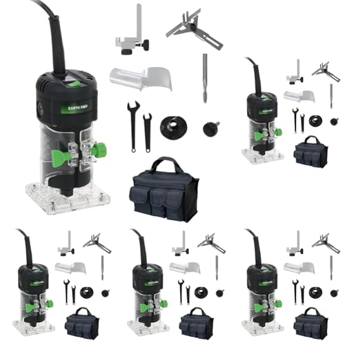 髙儀(Takagi) EARTH MAN コード式 電動トリマー TR-400A 軸径6mm コード長2m ソフトスタート 深さ調整自在 ダイヤル式 バキュームアダプター付属 コンパクトボディ 木工 切削 溝切り 円加工 トリミング 文字加工 表札 看板 電動工具 高儀 (× 5)