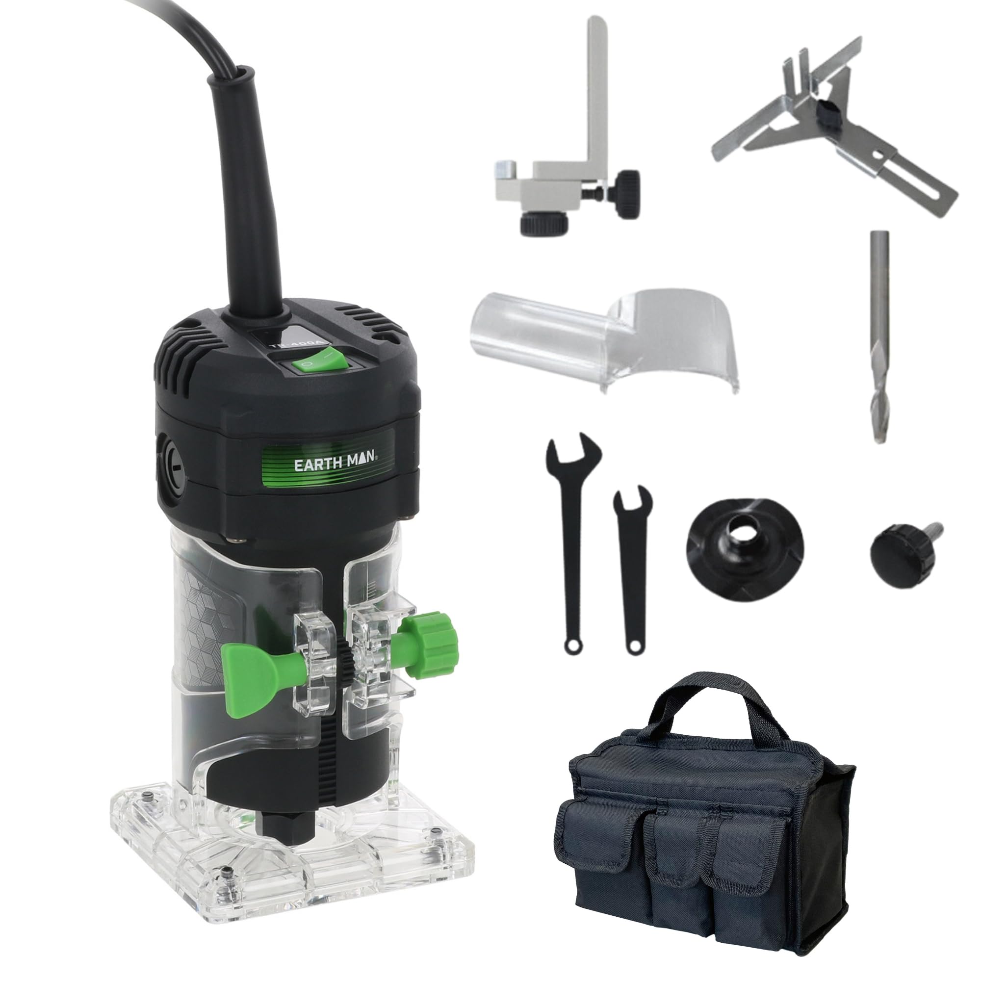 髙儀(Takagi) EARTH MAN 電動トリマー 電動工具 コード式 ソフトスタート 深さ調整自在 ダイヤル式 バキュームアダプター付属 コンパクトボディ 木工 切削 溝切り 円加工 トリミング 文字加工 表札 看板 軸径6mm コード長2m TR-400A